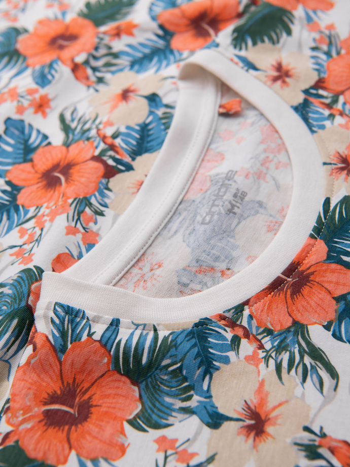T-shirt męski bawełniany w kwiatowy wzór full print – biały V1 OM-TSFP-0249
