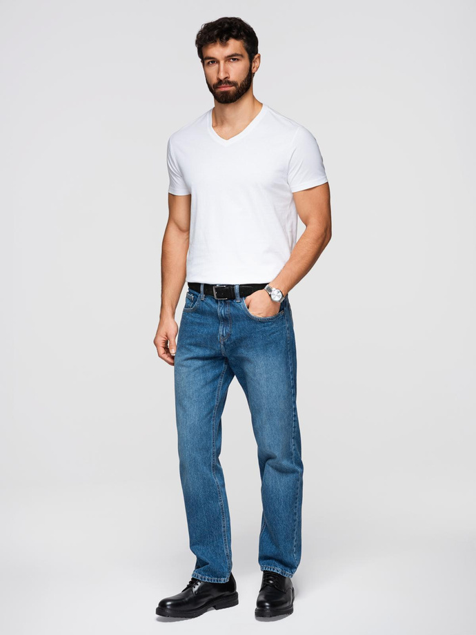 Klasyczna męska bawełniana koszulka z dekoltem w serek BASIC – biała V4 OM-TSBS-0237