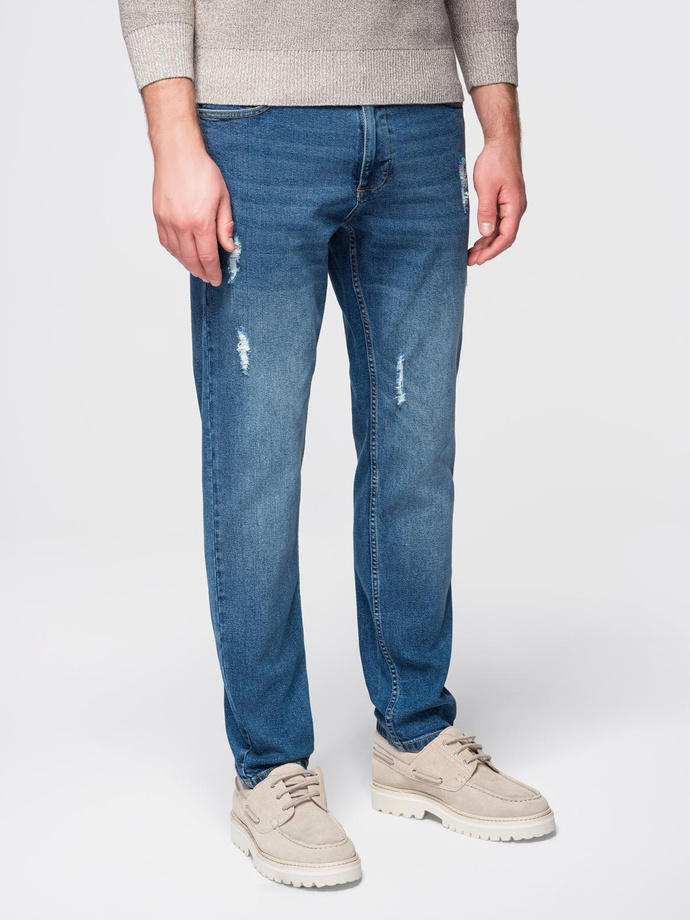 Męskie spodnie jeansowe SLIM FIT z przetarciami - ciemnoniebieskie V2 OM-PADP-0255