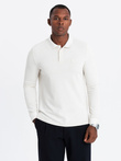 Strukturalny longsleeve męski polo z naszywką – biały V2 OM-POLS-0131