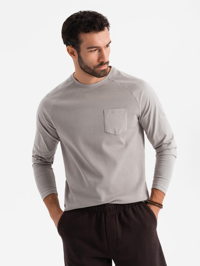 Bawełniany męski longsleeve o waflowym splocie z kieszonką – popielaty V1 OM-LSCL-0109