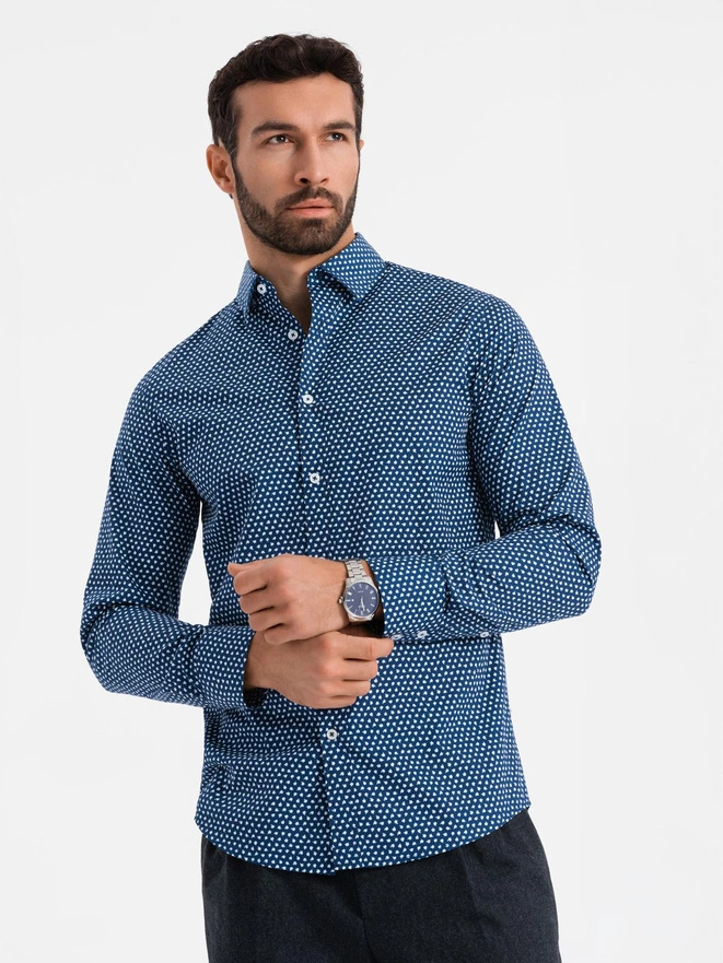 Męska koszula w drobny wzór SLIM FIT - granatowa V1 OM-SHCS-0140