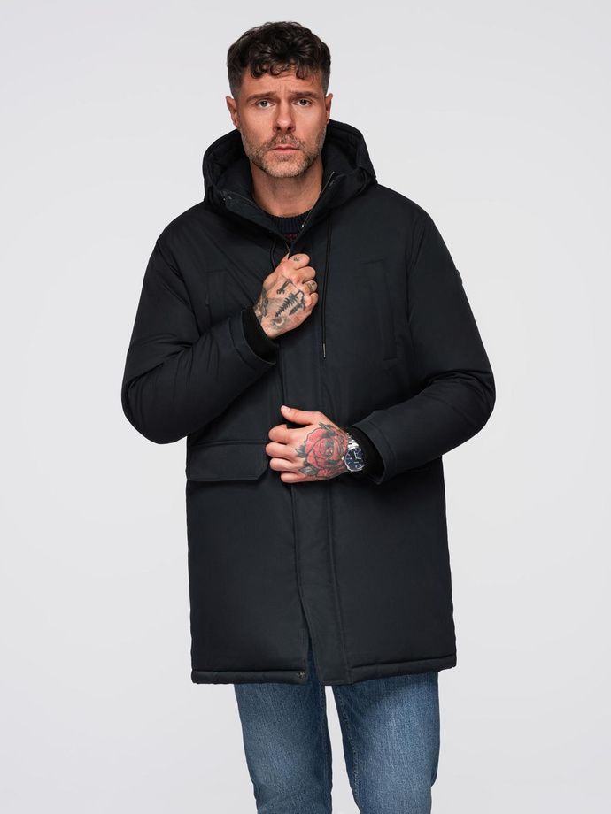Klasyczna długa męska kurtka typu parka – czarna V6 OM-JAPJ-0313