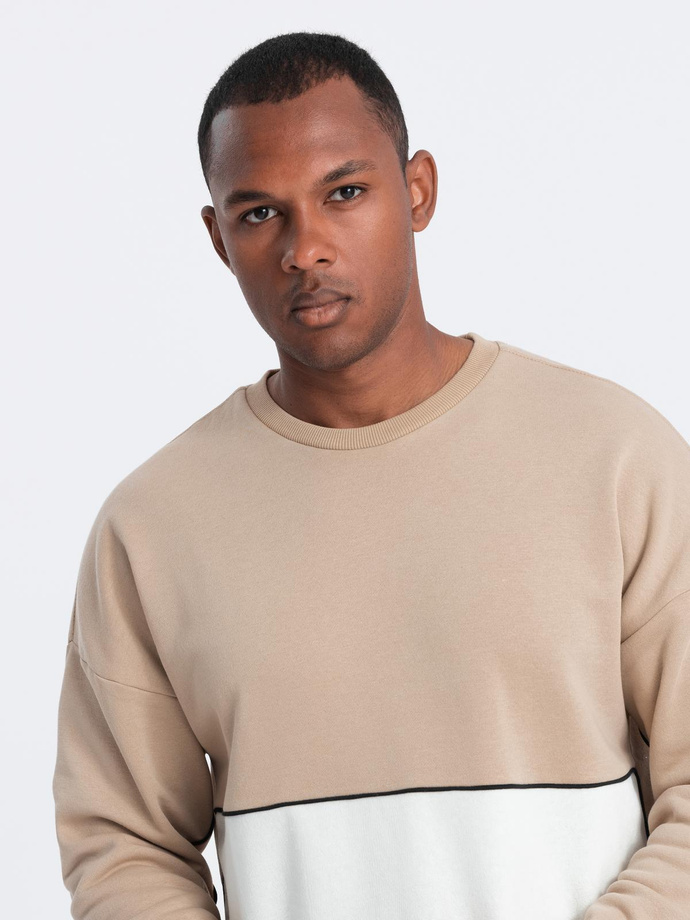 Bluza męska OVERSIZE z kontrastowym łączeniem kolorów - beżowa V2 B1673