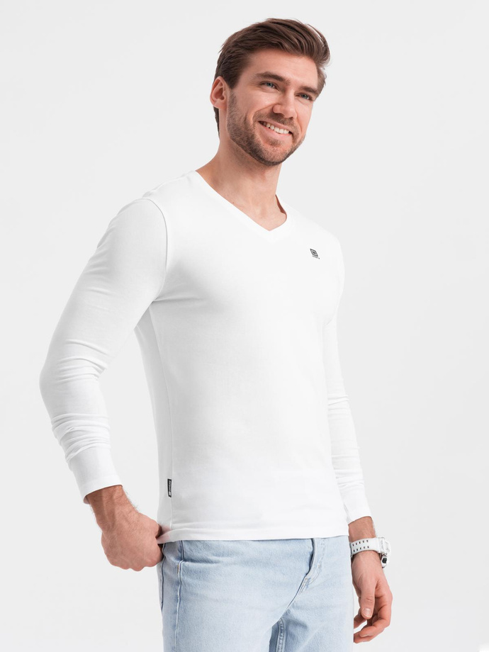 Komplet męskich longsleeve'ów SLIM FIT z dekoltem typu V i logotypem 2-pak – 2x biały V4 Z103