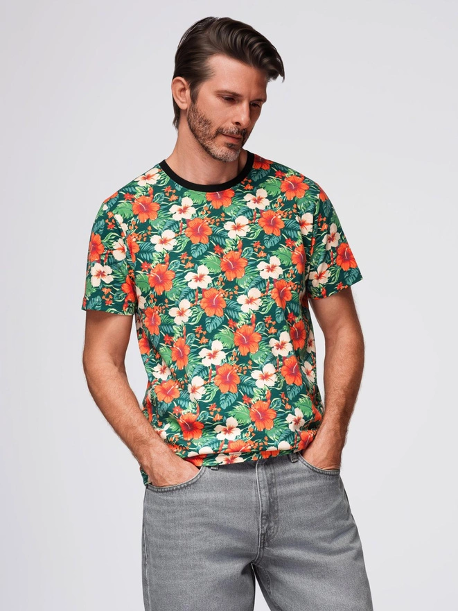 Męski t-shirt bawełniany w kwiatowy wzór full print – czarny V2 OM-TSFP-0249