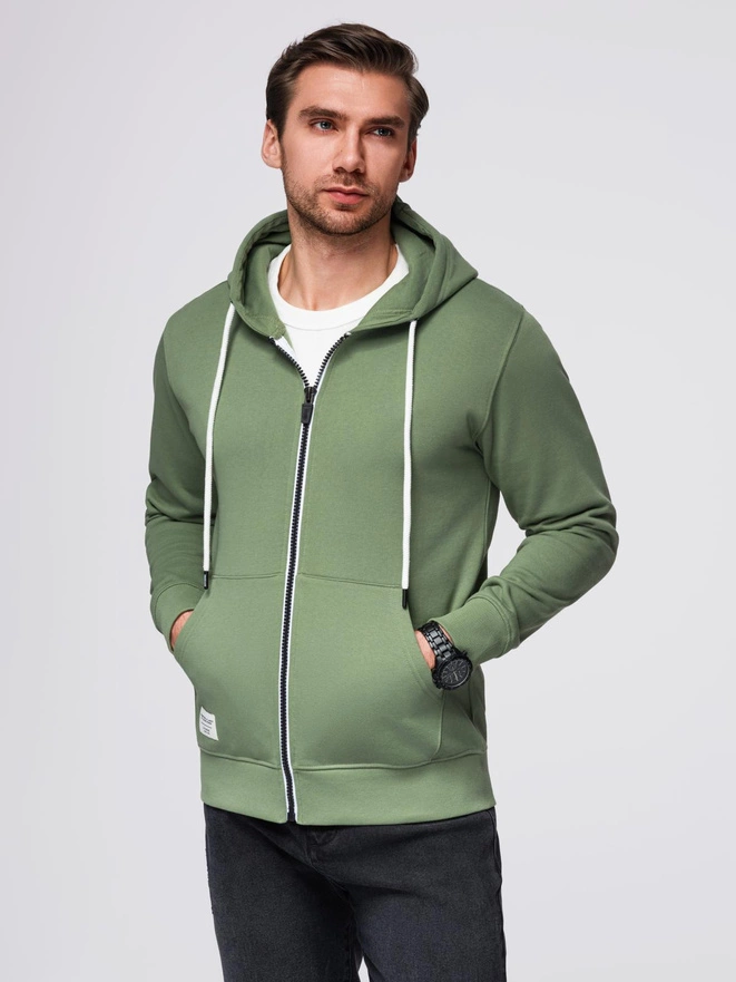 Bluza męska dresowa BASIC rozpinana z kapturem - zielona V3 OM-SSBZ-0178