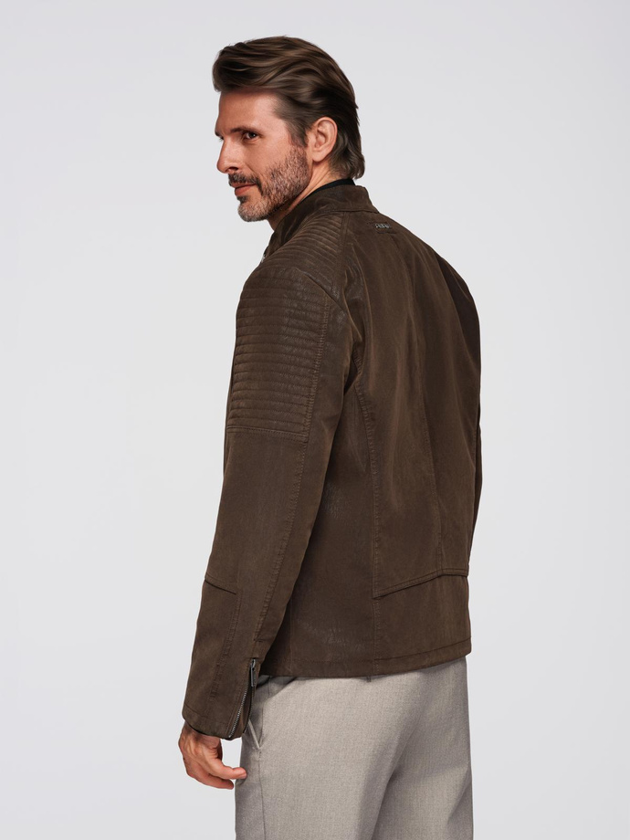 Męska kurtka biker w stylu retro ze stójką – brązowa V1 OM-JAFL-0197