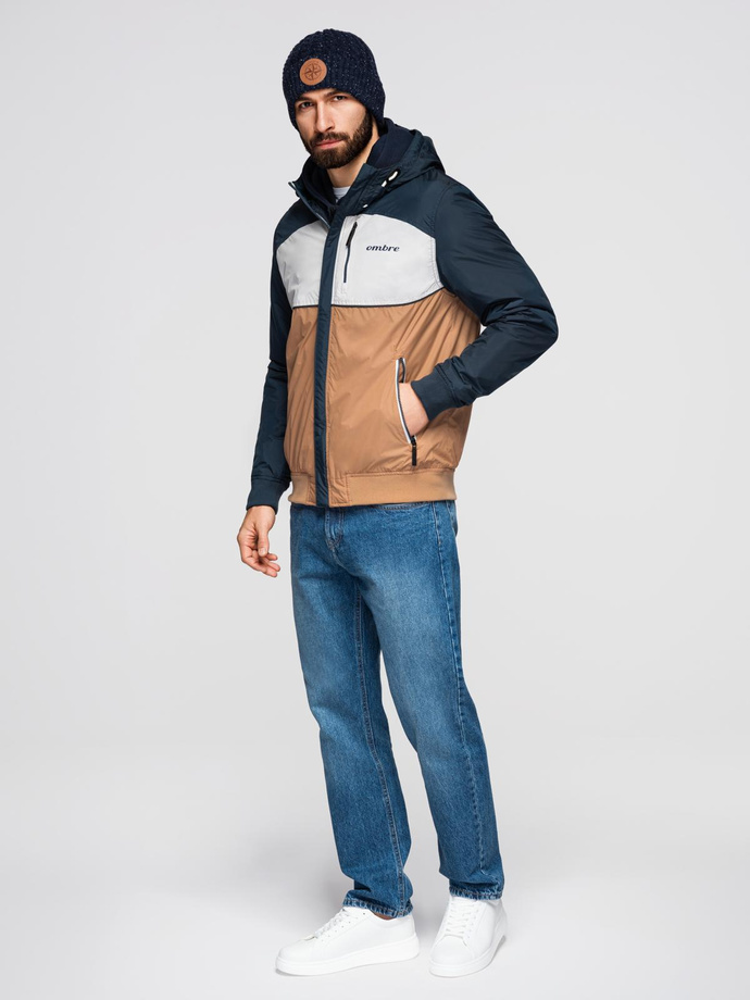 Lekka kolorowa męska kurtka sportowa z polarem – brązowo-granatowa V1 OM-JANP-0194