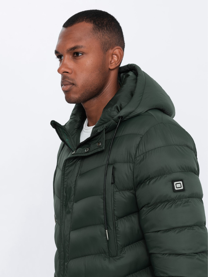 Kurtka męska zimowa parka pikowana - ciemnooliwkowa V1 OM-JALJ-0100