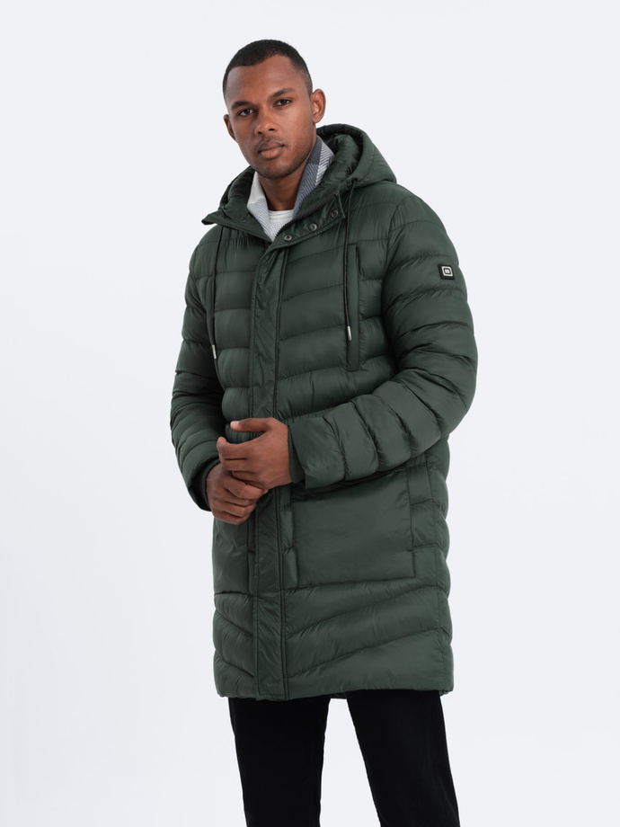 Kurtka męska zimowa parka pikowana - ciemnooliwkowa V1 OM-JALJ-0100