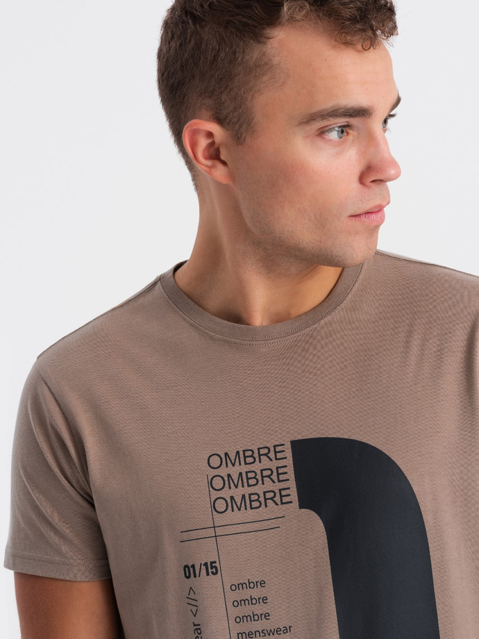T-shirt męski bawełniany z nadrukiem - jasnobrązowy V2 OM-TSPT-0166
