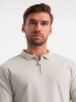 Longsleeve męski z zapinanym na zamek kołnierzykiem polo – popielaty V2 OM-POLS-0130