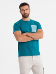 Bawełniany męski t-shirt z printowaną kieszonką  – turkusowy V1 OM-TSPT-0228