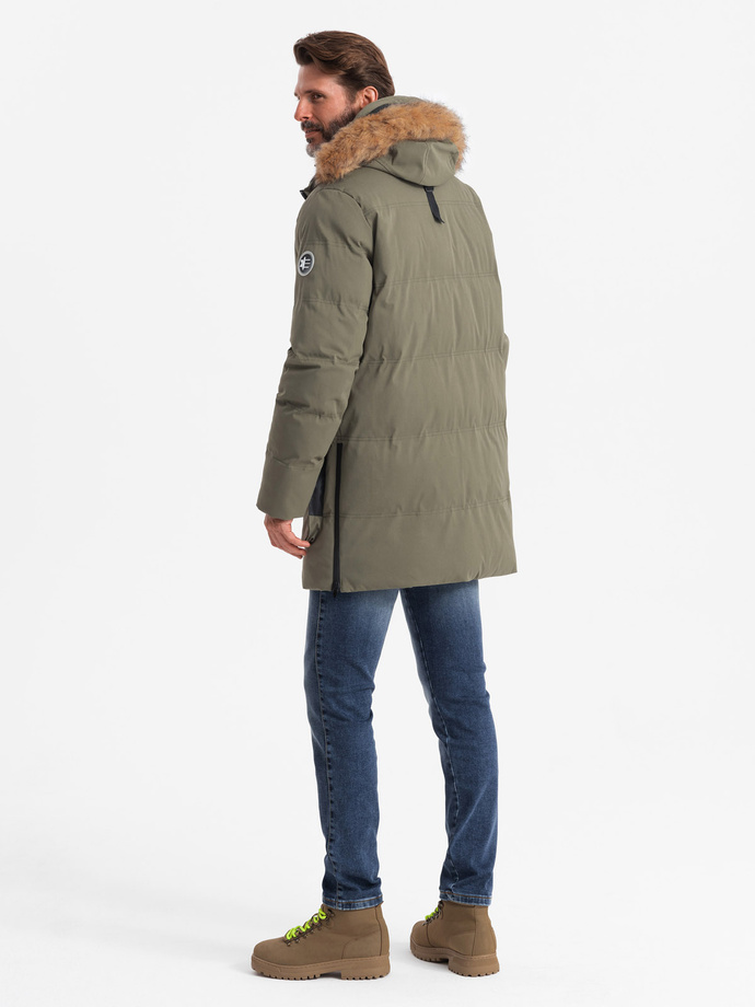 Długa męska kurtka parka z rozpinanym dołem  – ciemnooliwkowa V4 OM-JALJ-0184