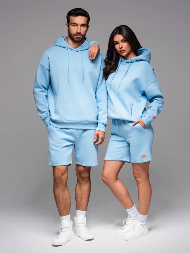 Komplet dresowy UNISEX bluza z kapturem + szorty w stylu athleisure – błękitne V8 Z110