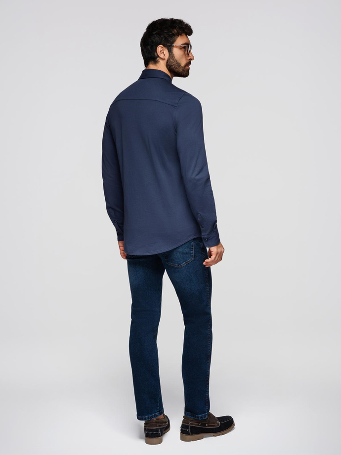 Męska bawełniana koszula REGULAR z kontrastowym haftem - granatowa V2 K697