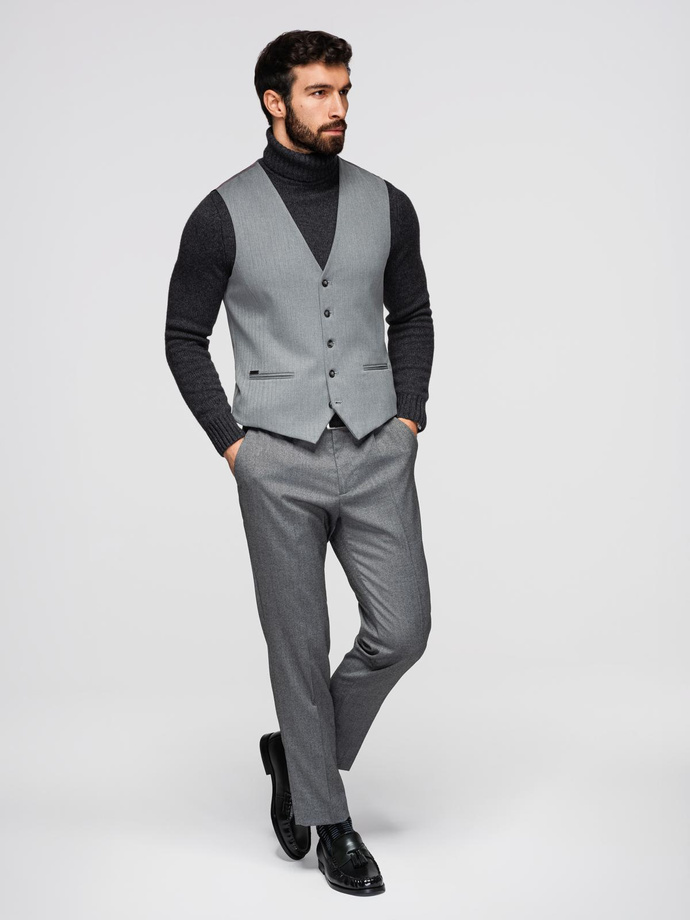 Elegancka męska kamizelka w jodełkę SLIM FIT  - szara V1 OM-BLZV-0143