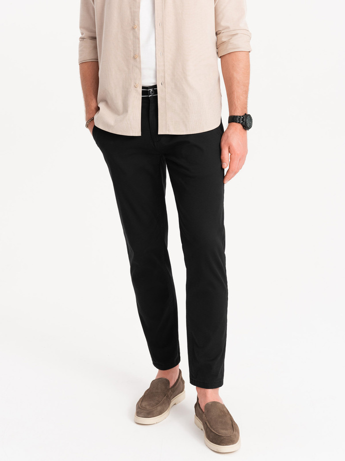 Spodnie męskie chino z ozdobną taśmą w pasie SLIM FIT – czarne V1 OM-PACP-0118