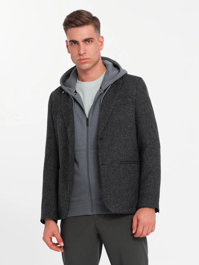 Męska marynarka casual z ozdobnym pinem na klapie - grafitowy melanż V2 OM-BLZB-0120