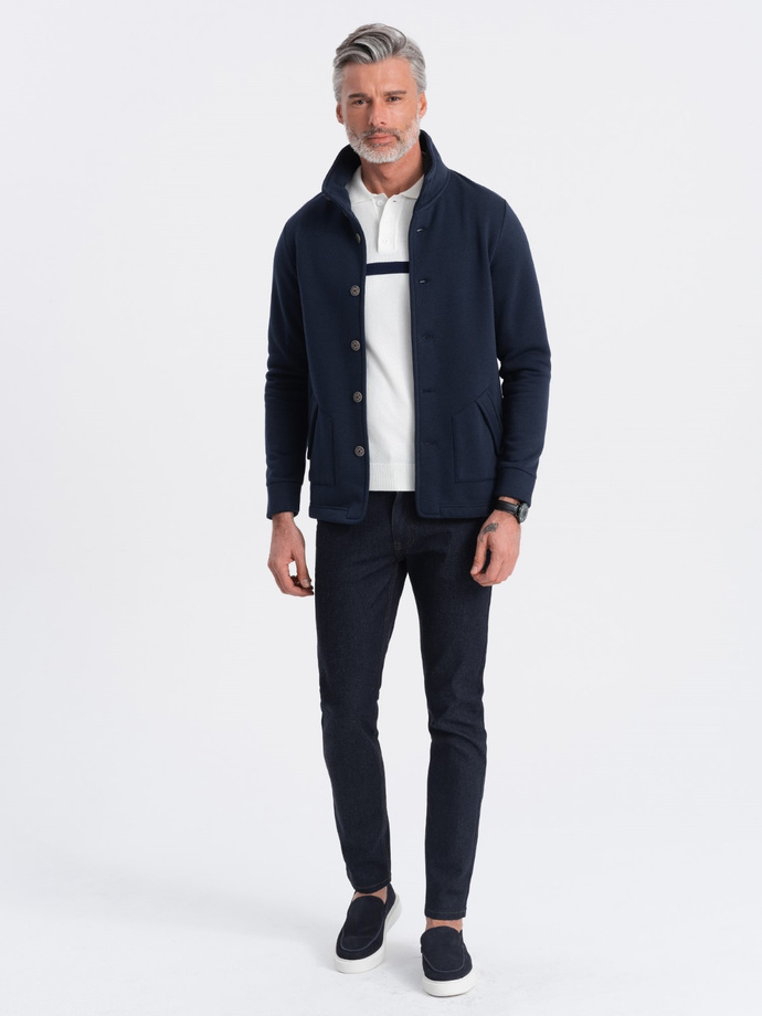 Męska bluza casual ze stójką zapinana na guziki - granatowa V4 OM-SSZP-0171