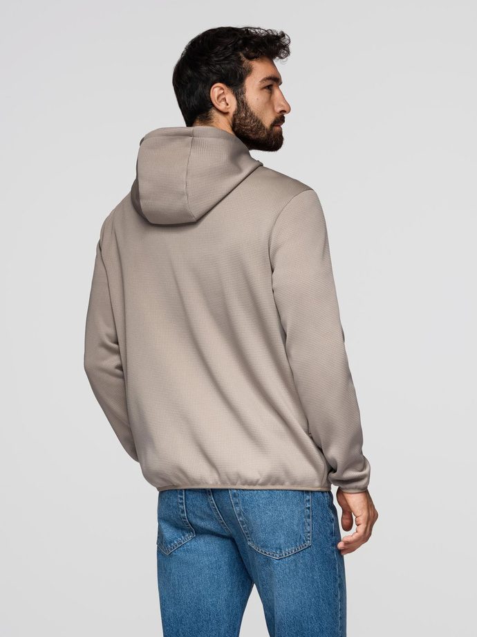 Męska lekka kurtka z łączonych materiałów z kapturem i ozdobnym pikowaniem – popielata V3 OM-JANP-0160 