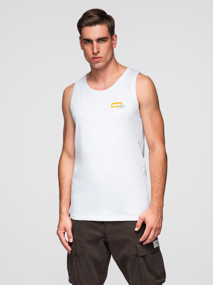 Bawełniany męski tank top z nadrukiem Summer Vibe – biały V2 OM-TSTT-0191