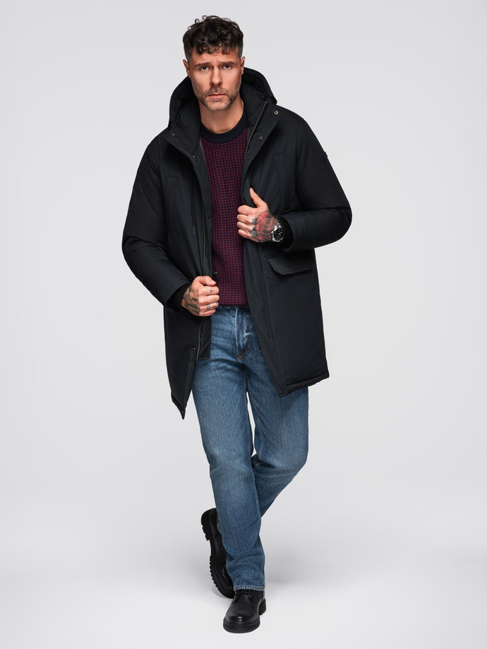 Klasyczna długa męska kurtka typu parka – czarna V6 OM-JAPJ-0313