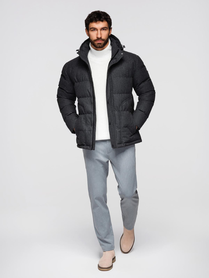 Casualowa męska kurtka puffer z wełną – czarny melanż V2 OM-JAHP-0203