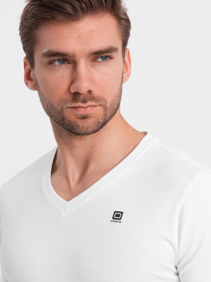 Komplet męskich longsleeve'ów SLIM FIT z dekoltem typu V i logotypem 2-pak – 2x biały V4 Z103