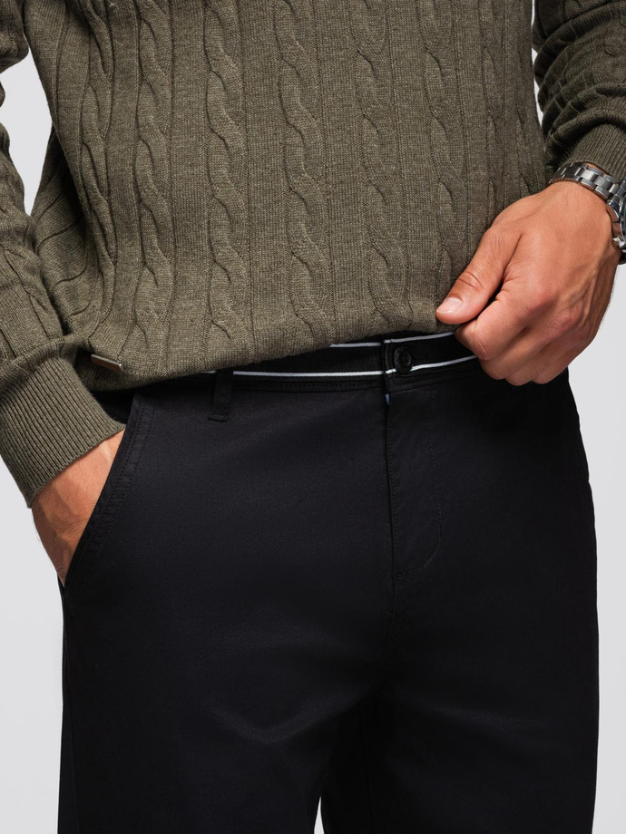 Spodnie męskie chino z ozdobną taśmą w pasie SLIM FIT – czarne V1 OM-PACP-0118