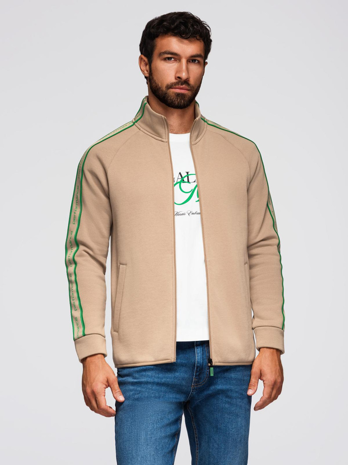 Bluza męska rozpinana z lampasami i wysoką stójką – brązowa V1 OM-SSZP-0224