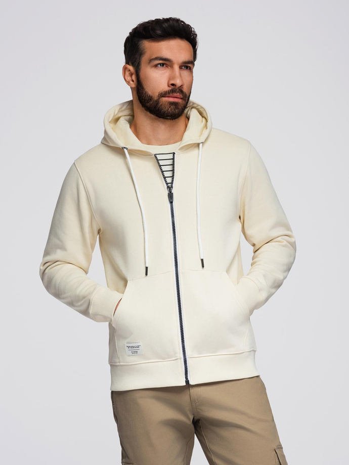 Męska bluza dresowa BASIC rozpinana z kapturem - kremowa V11 OM-SSBZ-0178
