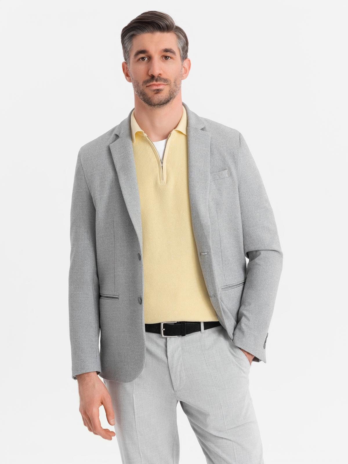 Marynarka męska elegancka z dekoracyjnymi guzikami na mankietach -  szara V2 OM-BLZB-0114
 -                                    XL