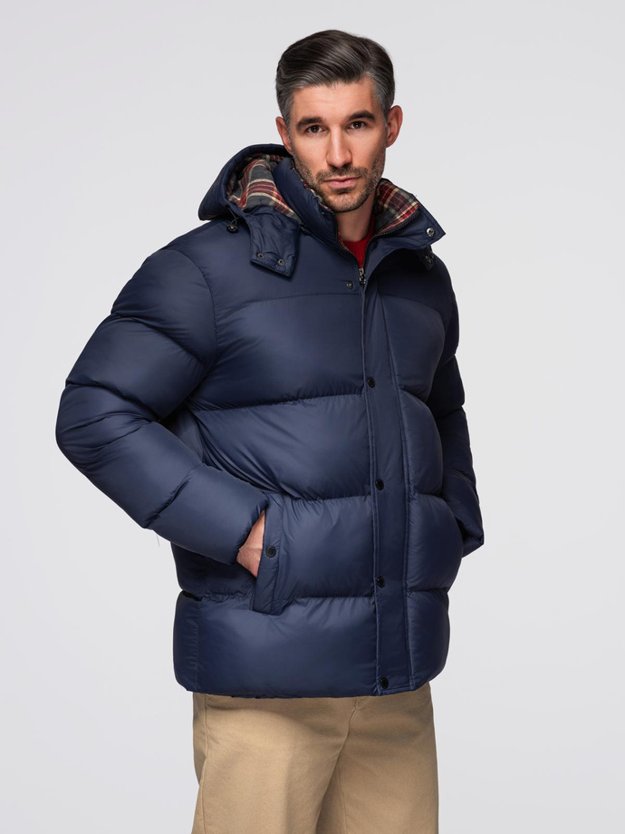 Kurtka męska puffer z podszewką w kratę – granatowa V1 OM-JAHP-0205