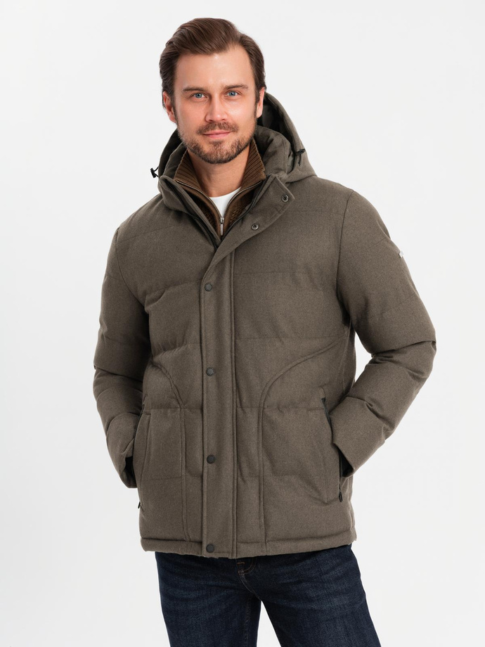 Męska kurtka casualowa puffer z wełną – ciemnooliwkowy melanż V4 OM-JAHP-0203
