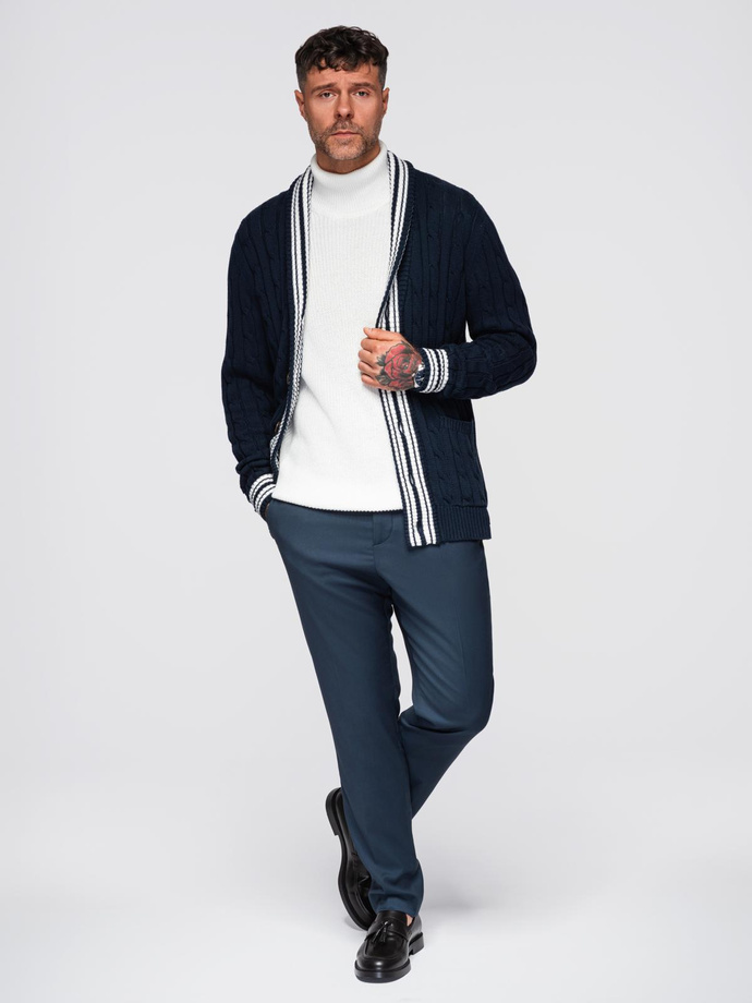 Sweter męski kardigan z szalowym kołnierzem w stylu preppy - granatowy V4 OM-SWCD-0152