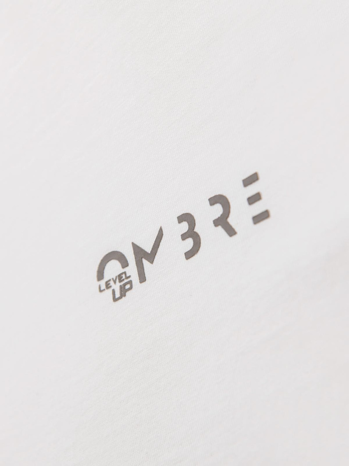 Bawełniany męski longsleeve U-neck z lampasami i nadrukiem na piersi – złamana biel V3 OM-LSCL-0127