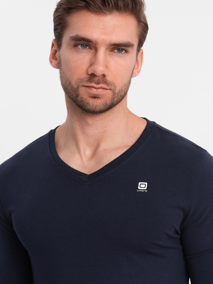 Komplet męskich longsleeve'ów SLIM FIT z dekoltem typu V i logotypem 2-pak – mix biały/granatowy V1 Z103