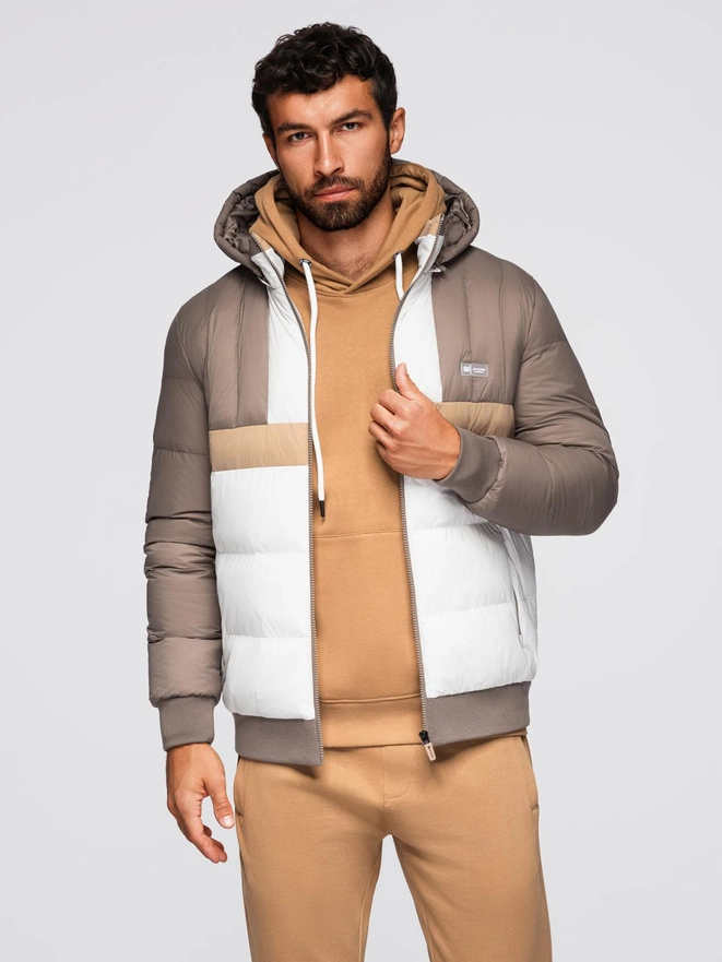 Kolorowa sportowa męska kurtka w stylu retro – beżowo-biała V2 OM-JALP-0296
