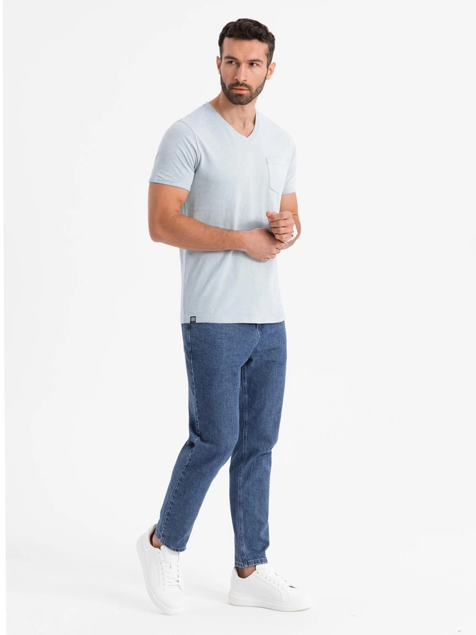 Męski bawełniany t-shirt V-neck z dzianiny z efektem sprania - szary V8 OM-TSWT-0242