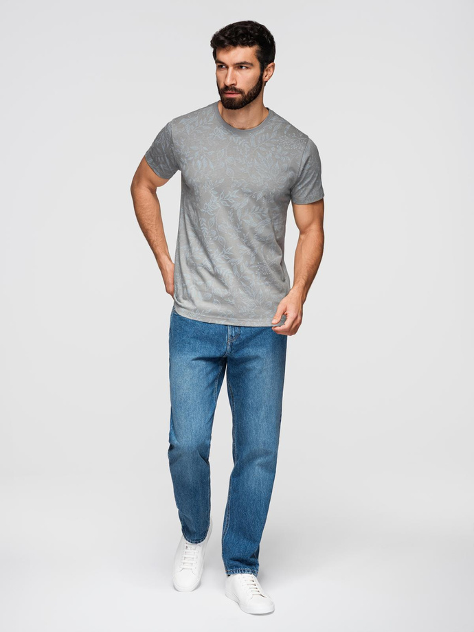 T-shirt męski bawełniany z nadrukiem z motywem roślinnym - szara V3 OM-TSFP-0262