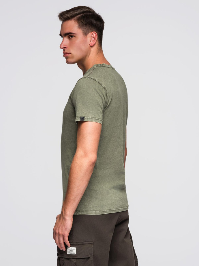 Męski t-shirt z efektem sprania – oliwkowy V4 OM-TSWT-0116
