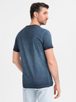 Bawełniany męski t-shirt V-neck z dzianiny z efektem sprania - granatowy V7 OM-TSWT-0242