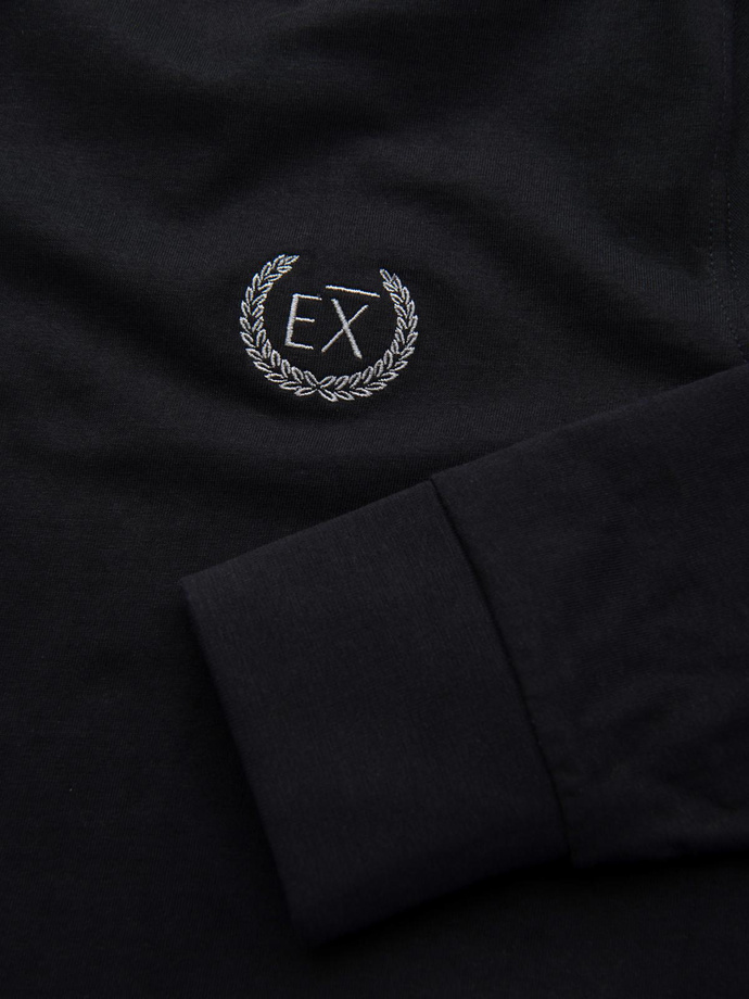 Bawełniany longsleeve męski z dekoltem U w paski i haftem – czarny V4 OM-LSCL-0128