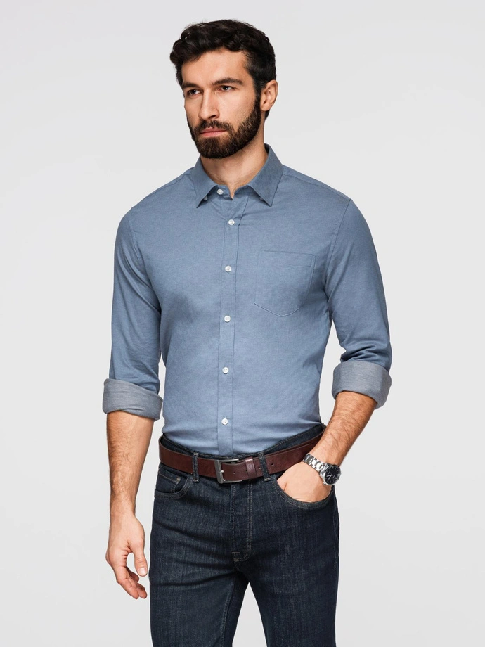 Męska koszula SLIM FIT z ozdobnej tkaniny z kieszonką – niebieska V1 OM-SHCS-0174