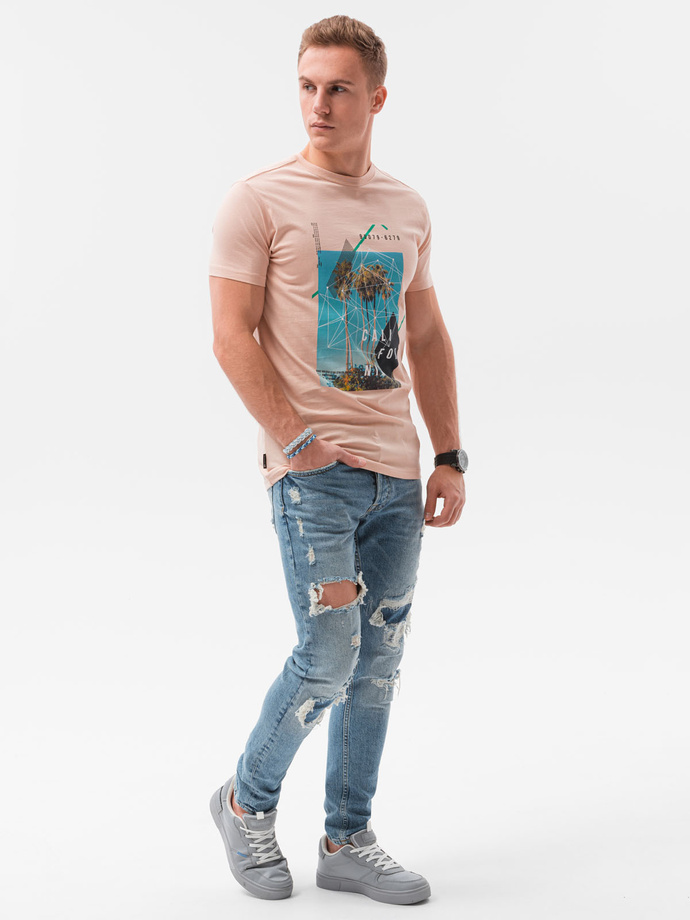 T-shirt męski z nadrukiem - różowy V-14B S1434