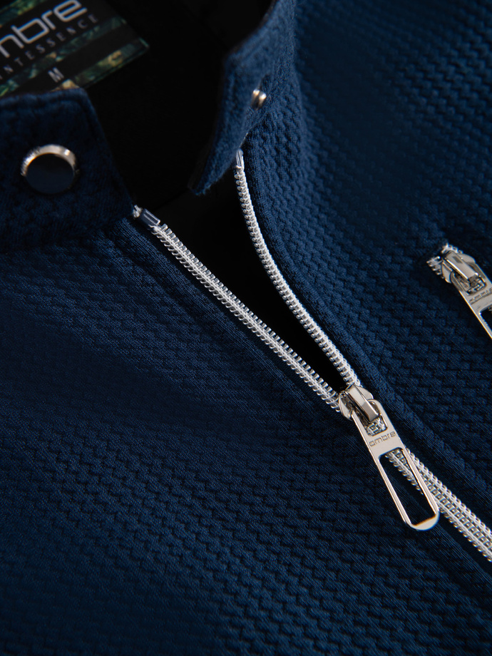 Strukturalna kurtka biker męska ze stójką – ciemnoniebieska V1 OM-JANP-0229