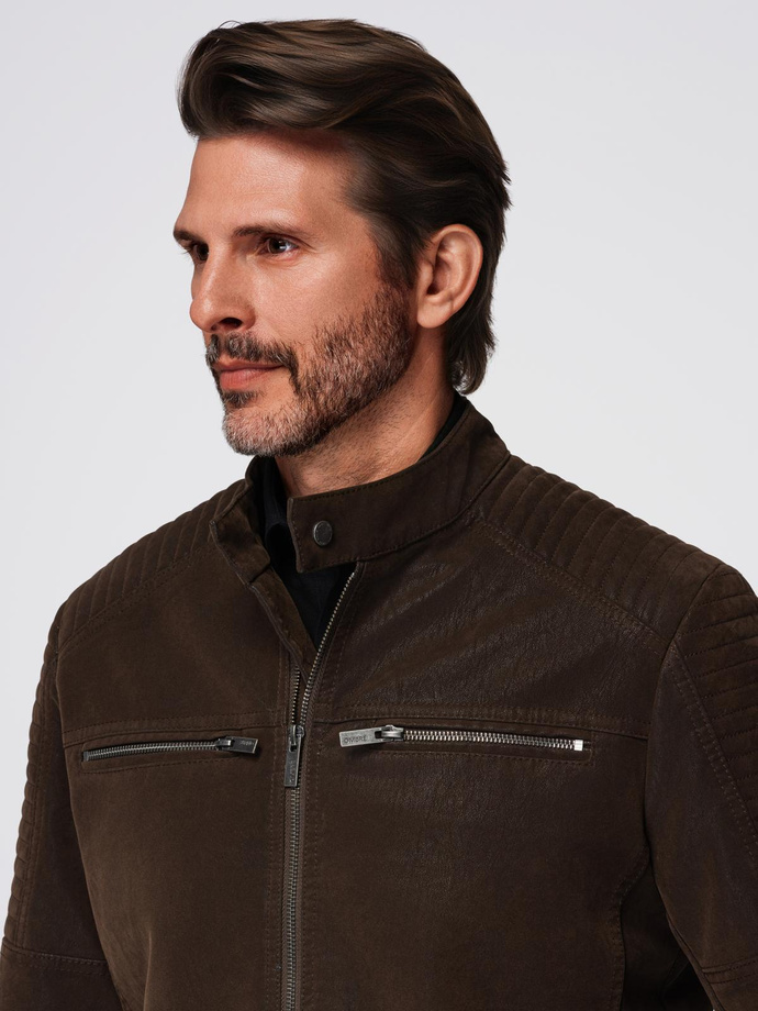 Męska kurtka biker w stylu retro ze stójką – brązowa V1 OM-JAFL-0197