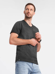 Męski t-shirt V-neck o pręgowanej strukturze z kieszonką – czarny V6 OM-TSCT-22SS-002